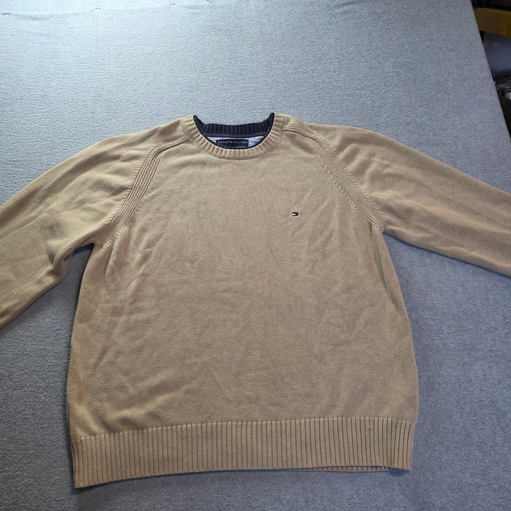 Tommy Hilfiger Crewneck Sweater Mens XL Tan Made Hong Kong Flag Logo Vintage